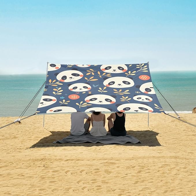 Retro Panda Face Blue Stable Beach Tent UPF50+ Lightweight Large Sun Shelter Includes Sand Shovel Sandbags Stability Poles for Backyard and Camping