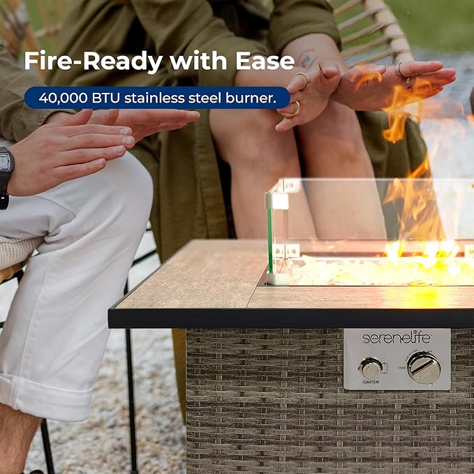 SereneLife Outdoor Propane Fire Pit Table 50000 BTU CSA ETL Certified Square Wicker Gas Fire Table with Tile Top Adjustable Flame Decorative Glass Rocks Weather-Resistant for Patio or Backyard