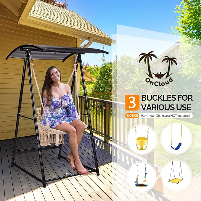 OnCloud Outdoor Hammock Chair Stand with Canopy Heavy Duty Hammock Stand Only Swing Stand with 3 Hooks Max Load 660lbs Fits Most Hanging Chairs Frame Black