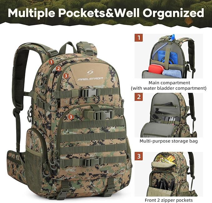 Maelstrom Hunting Backpack for Men Women Waterproof Hunting Pack with Rain Cover Long-Lasting 35L Camo Tactical Day Pack for Rifle Bow Gun