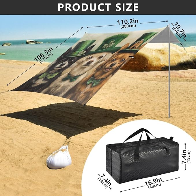 ALAZA St. Patrick's Day Three Dogs Beach Tent Sun Shelter Portable Canopy Sunshade for Outdoor Camping Picnics Backyard Fun 10x9 ft