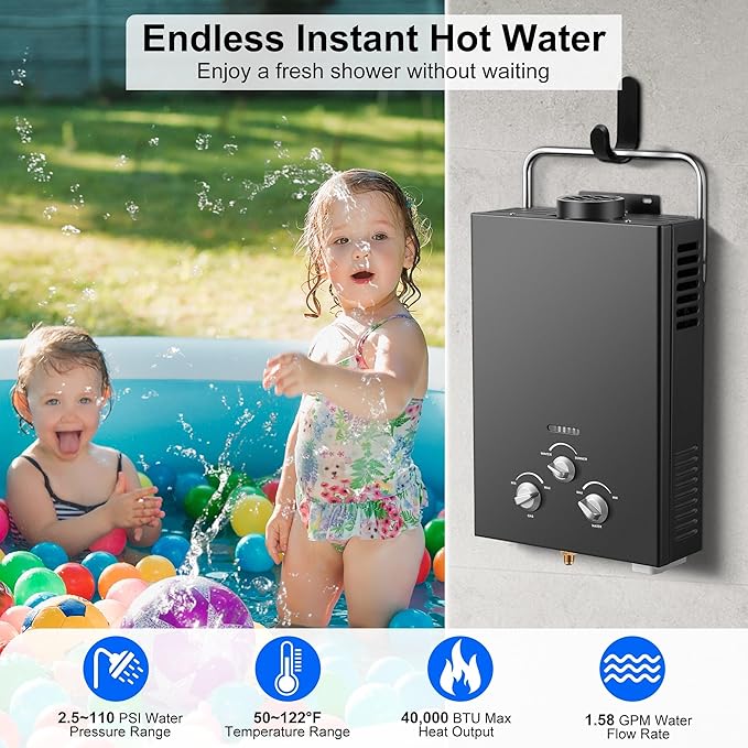 6L Portable Natural Gas 1.58GPM Instant Hot Shower for Camping/RV 40K BTU Tankless Water Heater(Black)