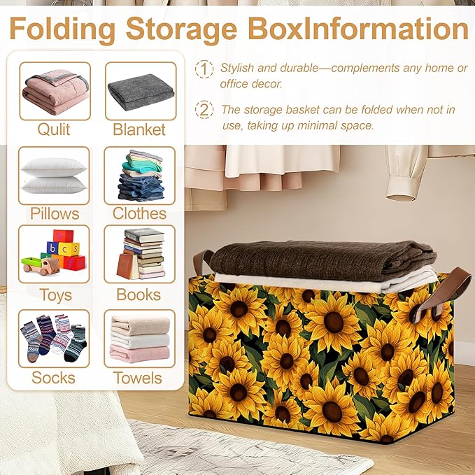 32L Large Storage Bins with Handles Basket Organizer for Shelves Closet Books Laundry &amp Home Decor (Field Sunflower)