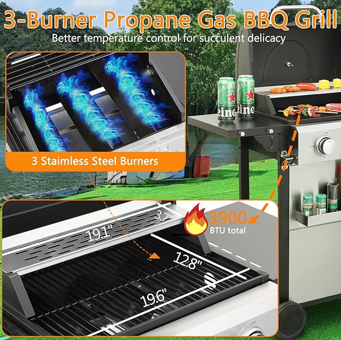 3-Burner Propane Gas BBQ Grill Stainless Steel Propane Grill 36900 BTU Outdoor Cabinet Style with Wheels Wire Rack and Two Foldable Side Table for Outdoor Barbecue Cooking (3-Burner GrillSilver)
