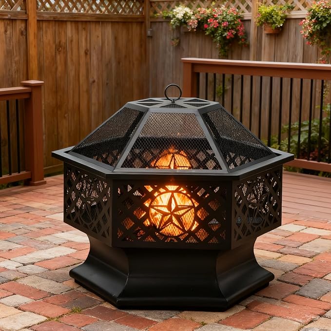 Panovue 28 Inch Hexagonal Fire PitWood Burning Firepits for Outside with Spark Screen&ampPokerMetal Hex-Shaped Outdoor Fire Pit for OutsideBackyardBonfirePatioGardenPicnic and Camping（Black）