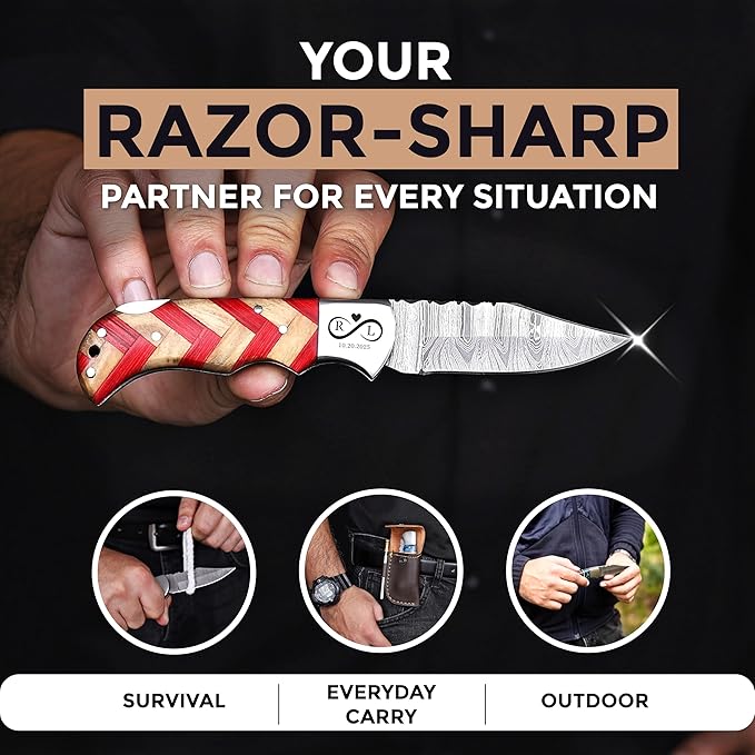 Custom Pocket Knife gifts for Men Personalized Damascus Folding Knife Engraved Gifts for Him Dad Boyfriend Husband Anniversary Groomsmen Gifts. Custom Knife for Camping Hunting Everyday Carry (