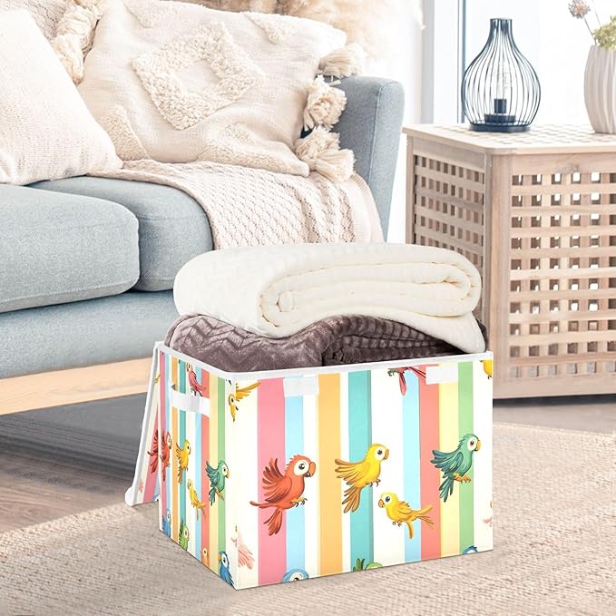 Cute Parrots Storage Cube Bins Basket with Lid Collapsible Flip-top Fabric with Handle for Home Bedroom Closet Office 16.5×12.6×11.8 in