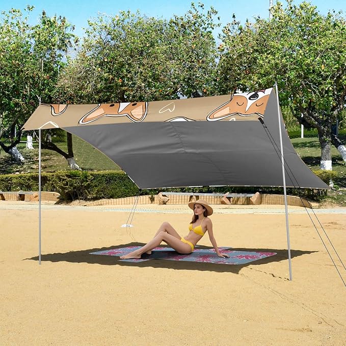 ALAZA Cute Dog Corgi Face Pattern Beach Tent Sun Shelter Portable Canopy Sunshade for Outdoor Camping Picnics Backyard Fun 10x9 ft