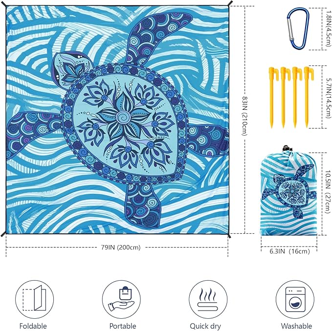 Beach Blanket Waterproof Sandproof Beach Mat 79 X 83/10'x9'for 2-8 Adults Quick Drying Outdoor Picnic Mat Beach Accessories for Travel Camping Hiking