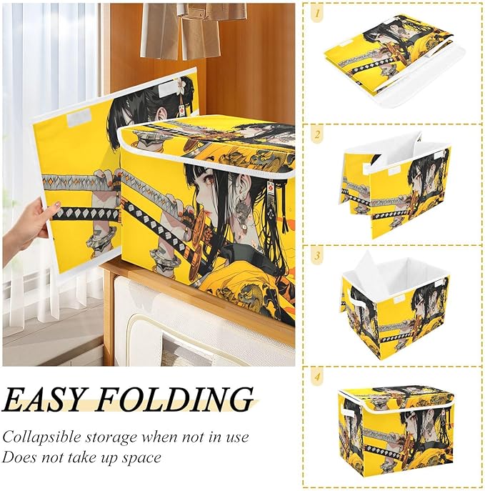 Storage Cube with Lid Samurai Anime Yellow Print 16.5×12.6×11.8 IN Collapsible Large Capacity Foldable Storage Basket Bin Organizer