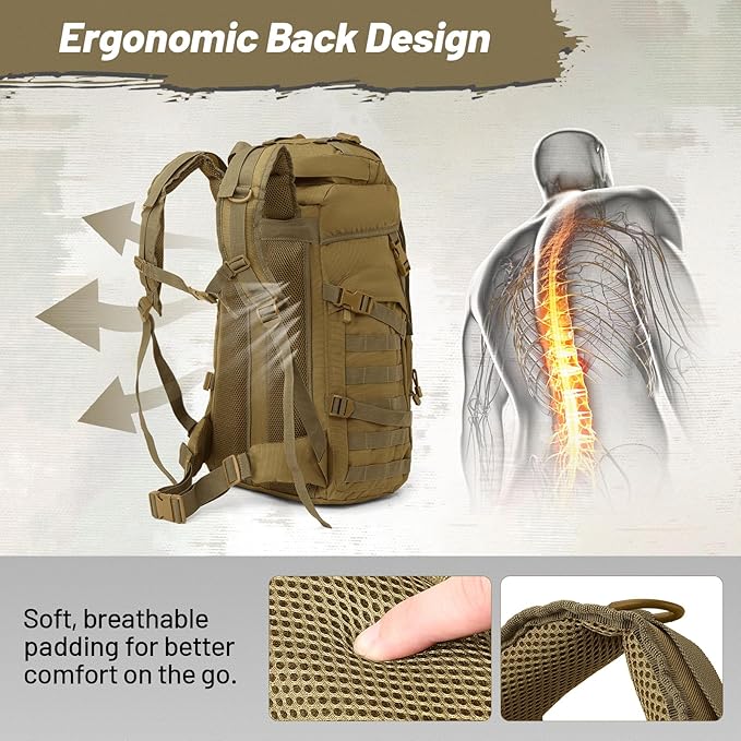 50L Tactical Backpack for Men and Women Water-Resistant Molle Rucksack Large Military Assault Pack for Hiking Hunting Camping Gym &amp Outdoor Survival Khaki