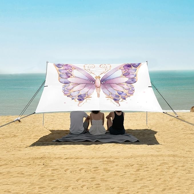 ALAZA Butterfly Diamond Beach Tent Sun Shelter UPF50+ Protection Beach Shade Canopy w/ 4 Sandbags for Outdoor Camping Fishing Backyard Fun Picnic 10x9 ft