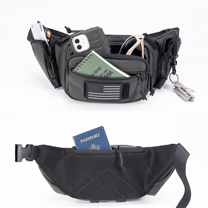 CCW Tactical Fanny Pack for Concealed Carry 500D Nylon Low Profile EDC Waist Bag with Pistol Holster &amp YKK Zippers Everyday Carry Hip Pack (Dark Grey)