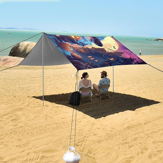 ALAZA Halloween Night Gnome Beach Tent Sun Shelter UPF50+ Protection Beach Shade Canopy w/ 4 Sandbags for Outdoor Camping Fishing Backyard Fun Picnic 10x9 ft