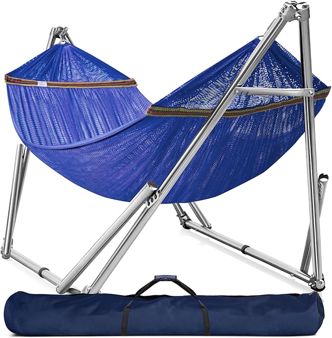 Tranquillo Double Hammock with Stand 650lb Capacity Double Hammock with Spreader Bar Solid Grade 201 Stainless Steel 30s Set Up Sturdy Flexible Hammock Stand Portable (Blue)