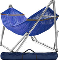 Tranquillo Double Hammock with Stand 650lb Capacity Double Hammock with Spreader Bar Solid Grade 201 Stainless Steel 30s Set Up Sturdy Flexible Hammock Stand Portable (Blue)