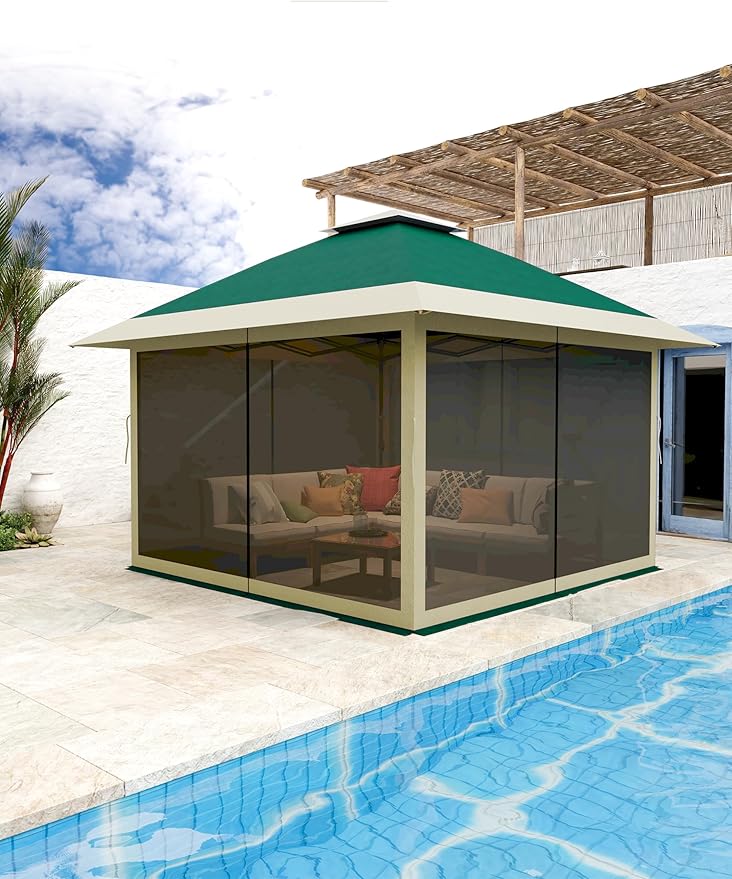 12' x 12' Outdoor Gazebo Heavy Duty Double Roof Patio Gazebo with Netting and Curtains Outdoor Patio Canopy for Deck Backyard Garden Lawns Dark Green &amp Gray