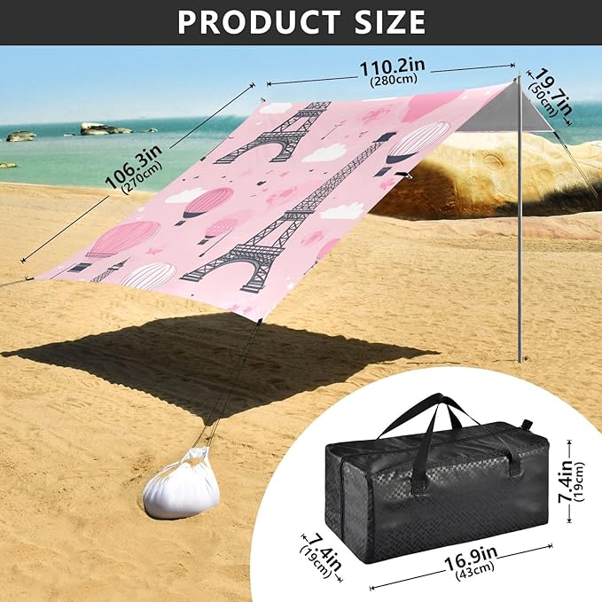 ALAZA Paris Eiffel Tower Hot Air Balloon Pink Beach Tent Sun Shelter Portable Canopy Sunshade for Outdoor Camping Picnics Backyard Fun 10x9 ft