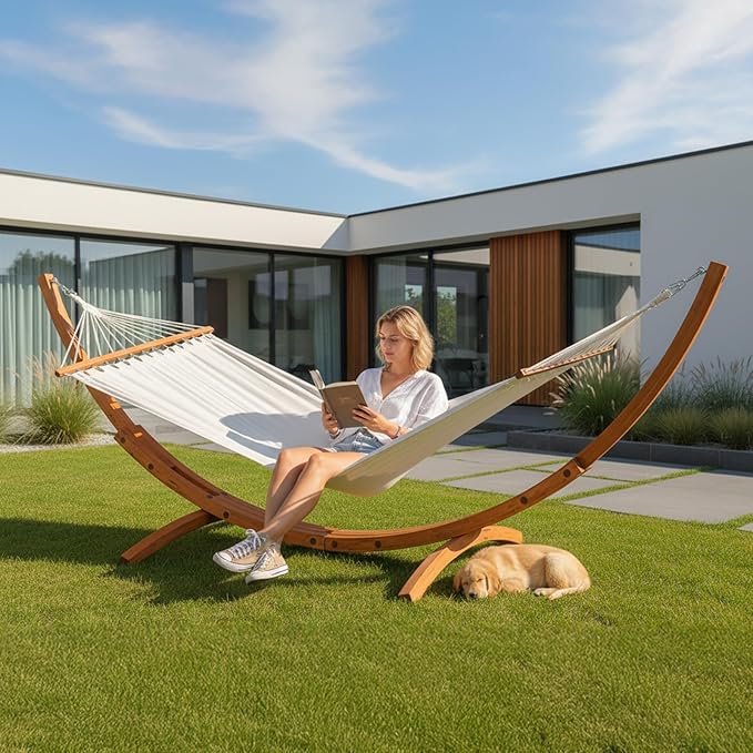 ONCLOUD Hammock Wood Arc Stand with Double Hammock Hammock with Stand for Outside Natural Wooden Stand 330LBS (10.5 ft)