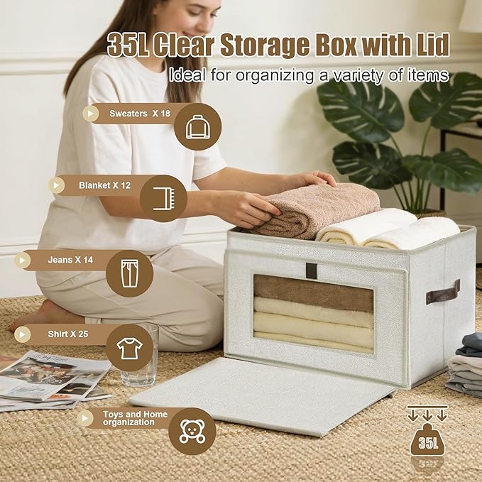 2 Pack 35L Large Foldable Closet Storage Organizer - Front Opening Clothes Storage Bins with Handles &amp Window Collapsible Decorative Storage Boxes with lid for Shelves Living RoomDorm