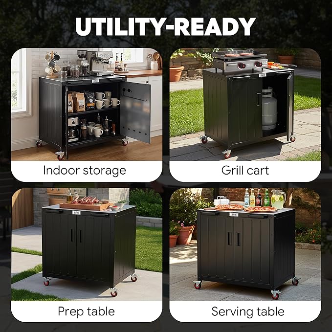 Feasto Outdoor Grill Cart with Storage Cabinet and Stainless Steel Top 35-Inch Outdoor Grill Station with Door Modular Kitchen Island for Food Prep and BBQ Black &amp Silver