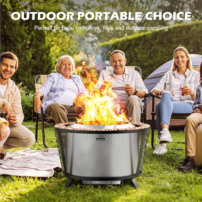 Panovue 29” Large Capacity Smokeless Fire Pit for OutsideHeavy‑Duty Wood Burning Firepit with Dual‑Wall Design Mesh Shield Pull‑Out Ash Pan Stylish Patio for Backyard Gatherings
