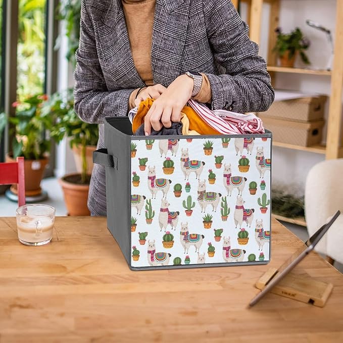 Space-Saving Fabric Storage Cubes Llama And Cactus Collapsible Baskets with Handles Stylish Storage Solution for Home