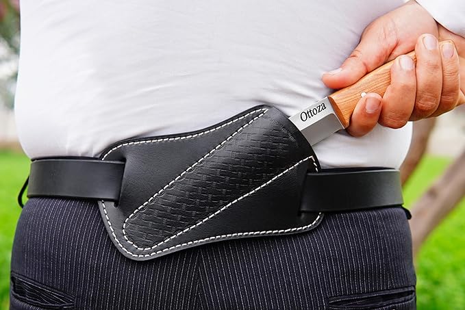 Ottoza Full Tang Bushcraft Knife with 1095 Carbon Steel Fixed Blade - Survival and Outdoor Camping Knife - Black Cross Draw Sheath and Olive Wood Handle 396