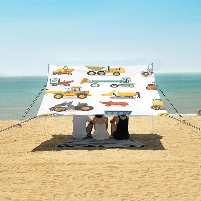ALAZA Cartoon Heavy Machinery Cars Vehicles Beach Tent Sun Shelter Portable Canopy Sunshade for Outdoor Camping Picnics Backyard Fun 10x9 ft