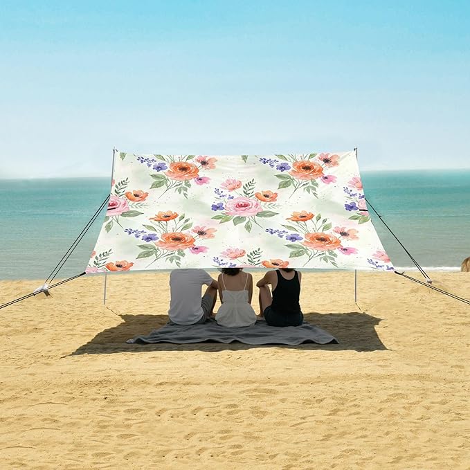 xigua Wildflowers Beach Tent Sun Shelter with Carrying Bag - Silver Coated Oxford Fabric Beach Canopy for Beach Camping Fishing - Includes Windproof Ropes Sandbags &amp Stakes