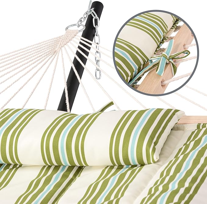 SUNCREAT Cotton Rope Hammock for Two People with Hardwood Spreader Bars Quilted Fabric Pad &amp Detachable Pillow Extra Large Hammock with 12 FT Steel Stand Ipad Bag &amp Cup Holder Green&ampBe