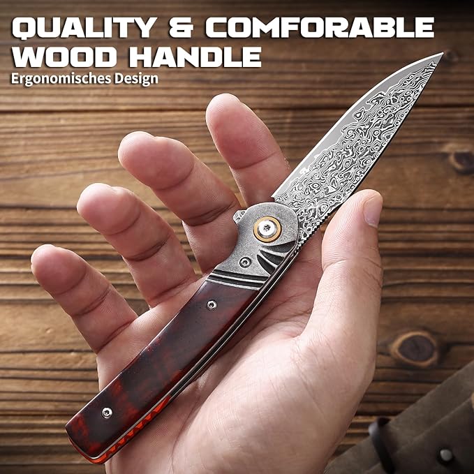Omesio Damascus Folding Pocket Knife 3.27 Damascus Steel Blade Rosewood Handle EDC Knife with Clip &amp Sheath for Camping Hiking Outdoor Gifts for Men Women