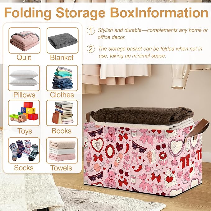 Storage Bin with Handles Pink Bowknot Collapsible Laundry Baskets for Books Laundry - Use in Nursery Closet Organizers and Storage Blanket Basket