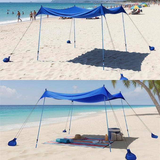 CROWN SHADES 7x7 Beach Tent Sun Shelter Easy Pop Up Beach Canopy Shade Portable Outdoor Carpas UPF50+ Includes 4 Poles Adjustable Aluminium Extra-Large Big Sand Shovel Navy Blue