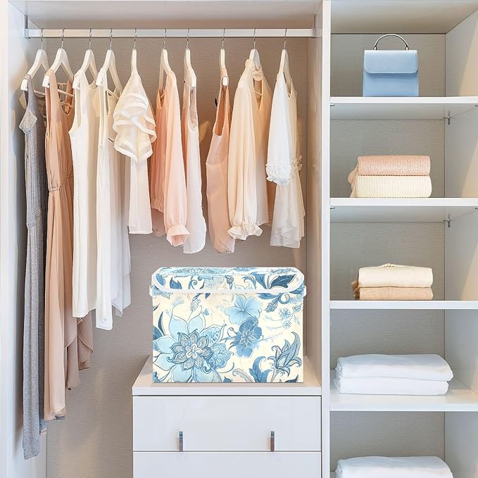 Blue Line Flowers Lidded Storage Bins with Handles - 16.5x12.6x11.8 Foldable Organizing Box Oxford Fabric &amp Honeycomb Board Dust-Proof Flip Lid for Closet/Office