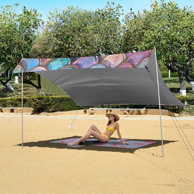 ALAZA Gradient Mermaid Scales Beach Tent Sun Shelter UPF50+ Protection Beach Shade Canopy w/ 4 Sandbags for Outdoor Camping Fishing Backyard Fun Picnic 10x9 ft
