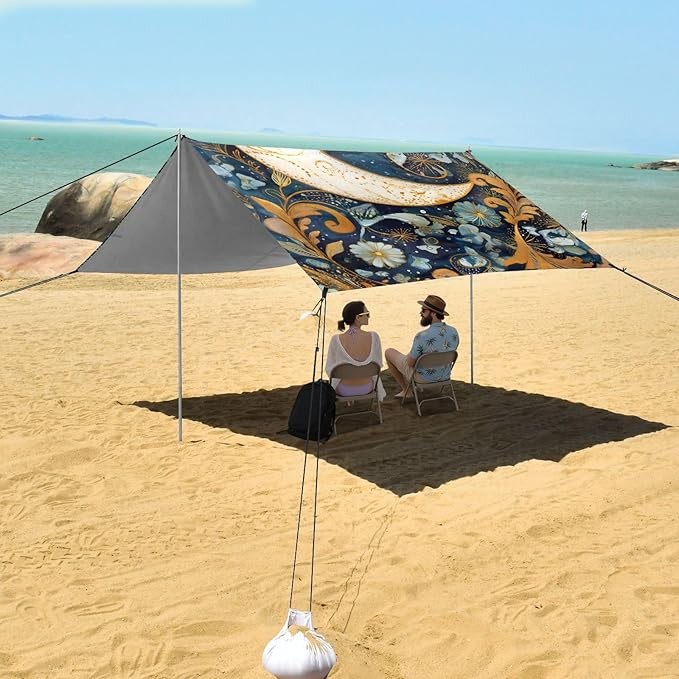 ALAZA Moon Star Witchy Art Beach Tent Sun Shelter UPF50+ Protection Beach Shade Canopy w/ 4 Sandbags for Outdoor Camping Fishing Backyard Fun Picnic 10x9 ft