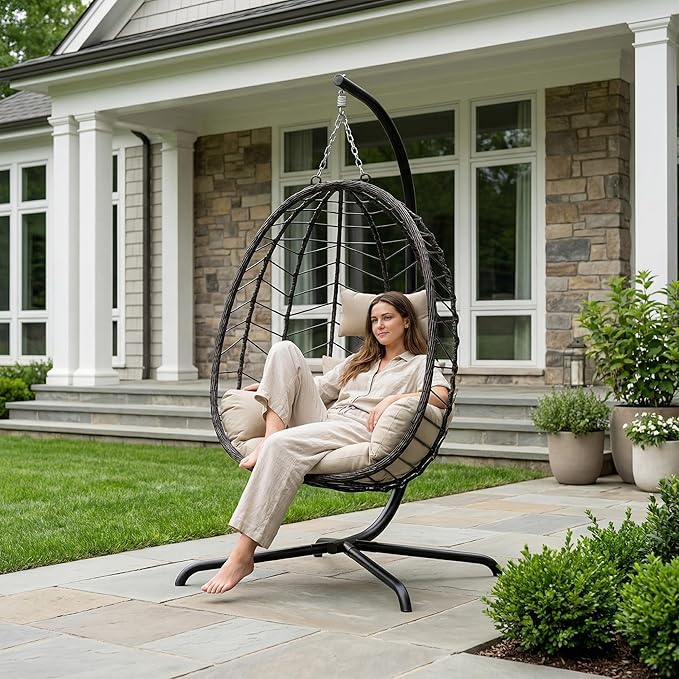 LEX CRAFT Hanging Egg Chair with Stand Swinging Egg Chair Outdoor Indoor Hanging Basket Chair with Cushion Patio Wicker Hammock Chair 350lbs Capacity for Porch Balcony Backyard Garden (Beige1)