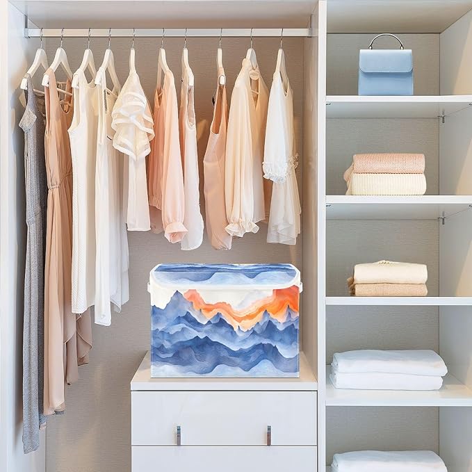 AIXIWAWA Lidded Storage Cube (Watercolor Mountain) Fabric Foldable Closet Bins with Flip Lid and Handles Organizer Basket Container 16.5 x 12.6 x 11.8 IN