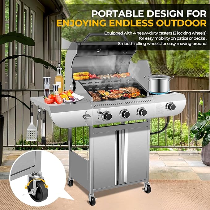 Electactic 3-Burner Propane Gas Grill with Side Burner – 34000 BTU Stainless Steel Outdoor BBQ Grill Cast Iron Grates Portable with Wheels for Patio Camping