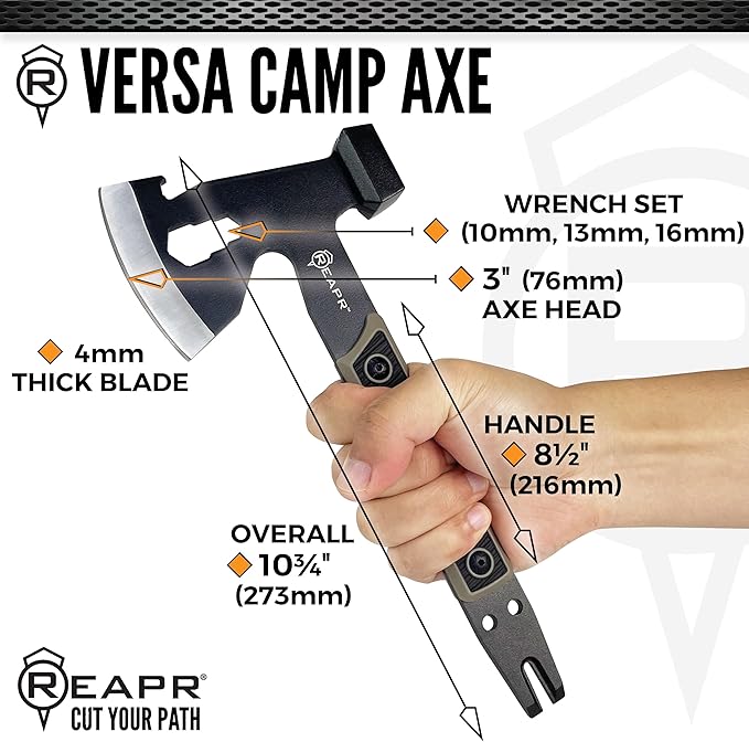 Reapr Versa Camp Axe 10.75 Outdoor Multitool with Pry Bar Nail Puller Hammer Wrench Set Bottle Opener &amp Sheath Non-Slip Handle Great for Camping Hiking and Survival Kits (Versa Camp Axe)