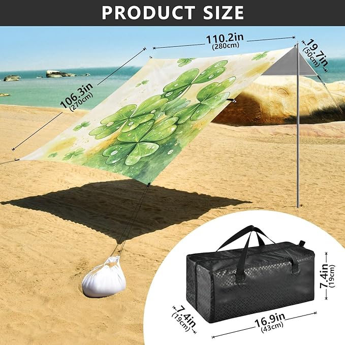 xigua St. Patrick's Day Clover Beach Tent Sun Shelter with Carrying Bag - Silver Coated Oxford Fabric Beach Canopy for Beach Camping Fishing - Includes Windproof Ropes Sandbags &amp Stakes