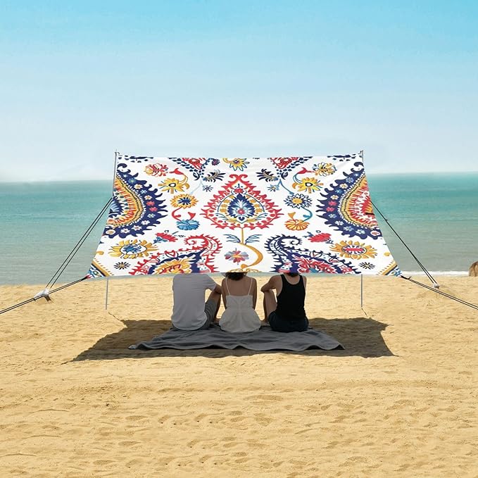 ALAZA Paisley Ikat Flower Beach Tent Sun Shelter UPF50+ Protection Beach Shade Canopy w/ 4 Sandbags for Outdoor Camping Fishing Backyard Fun Picnic 10x9 ft