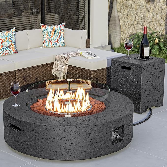 COSIEST 42 inch Outdoor Propane Fire Pit Coffee Table w Concrete Round Base Patio Heater Certified 50000 BTU Stainless Steel Burner Free Lava Rocks Rain Cover Wind Guard Tank Cover Gray