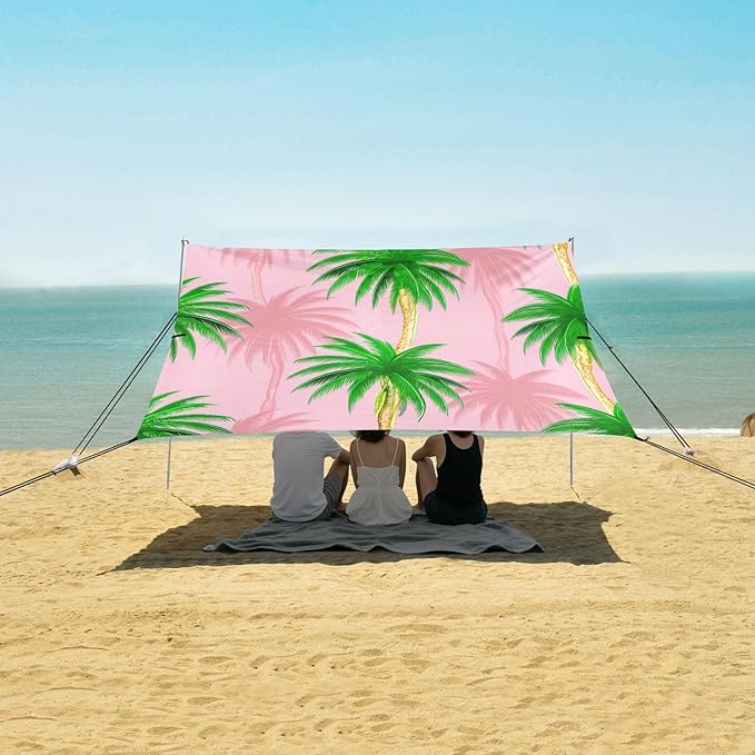 xigua Palm Tree Beach Tent Sun Shelter with Carrying Bag - Silver Coated Oxford Fabric Beach Canopy for Beach Camping Fishing - Includes Windproof Ropes Sandbags &amp Stakes