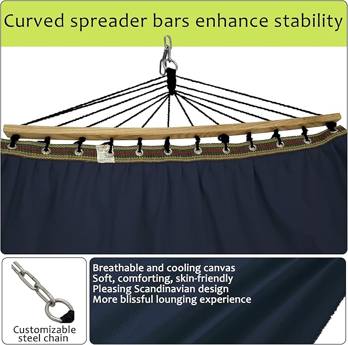 Tranquillo Double Hammock 2 Persons Cotton Canvas 600 lbs Portable Camping Hammock with Solid Curved Wood Spreader Bar Hammock for Camping Trave Outdoor Adventures Indoor Patio Garden Navy