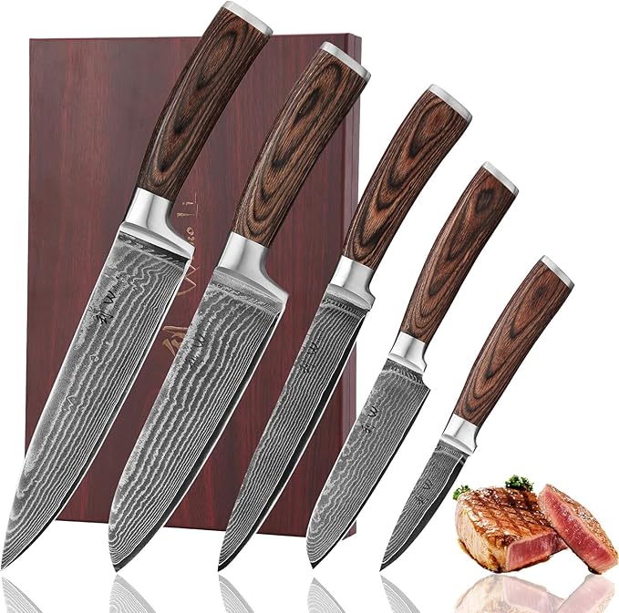 Wakoli EDIB 5-Piece Damascus Knife Set Professional Kitchen Knives made of 67-Layer Damascus Steel with VG10 Core Blades Ergonomic Pakkawood Handles In Wooden Gift Box