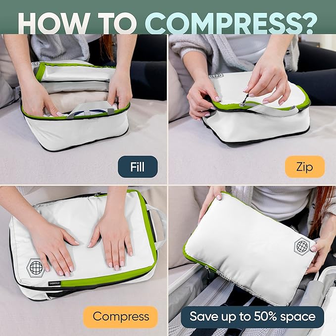 Large Compression Packing Cubes for Travel-Packing Cube Luggage Organizers 7 Piece Set for Checked Luggage-Ultralight Expandable/Compression Bags by TRIPPED Travel Gear (White/Green)