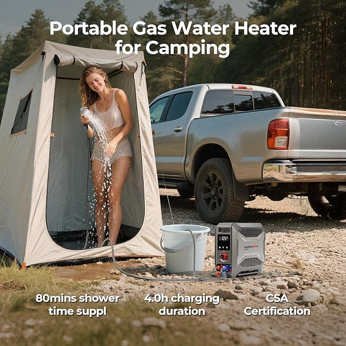 FOGATTI InstaShower GO Pro Portable Propane Hot Shower System 22000 BTU Instant Water Heater with 5000mAh Built-in Battery 12V Pump All-in-One Outdoor Shower for Camping Pets &amp Off-Grid Use