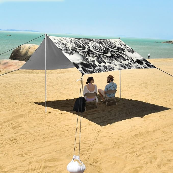 Skulls and Roses Beach Tent Sun Shelter Set UPF50+ UV Protection 10.5 x 9.19 FT Camping Shade Canopy with Sandbags Sand Anchors Carrying Bag and Others